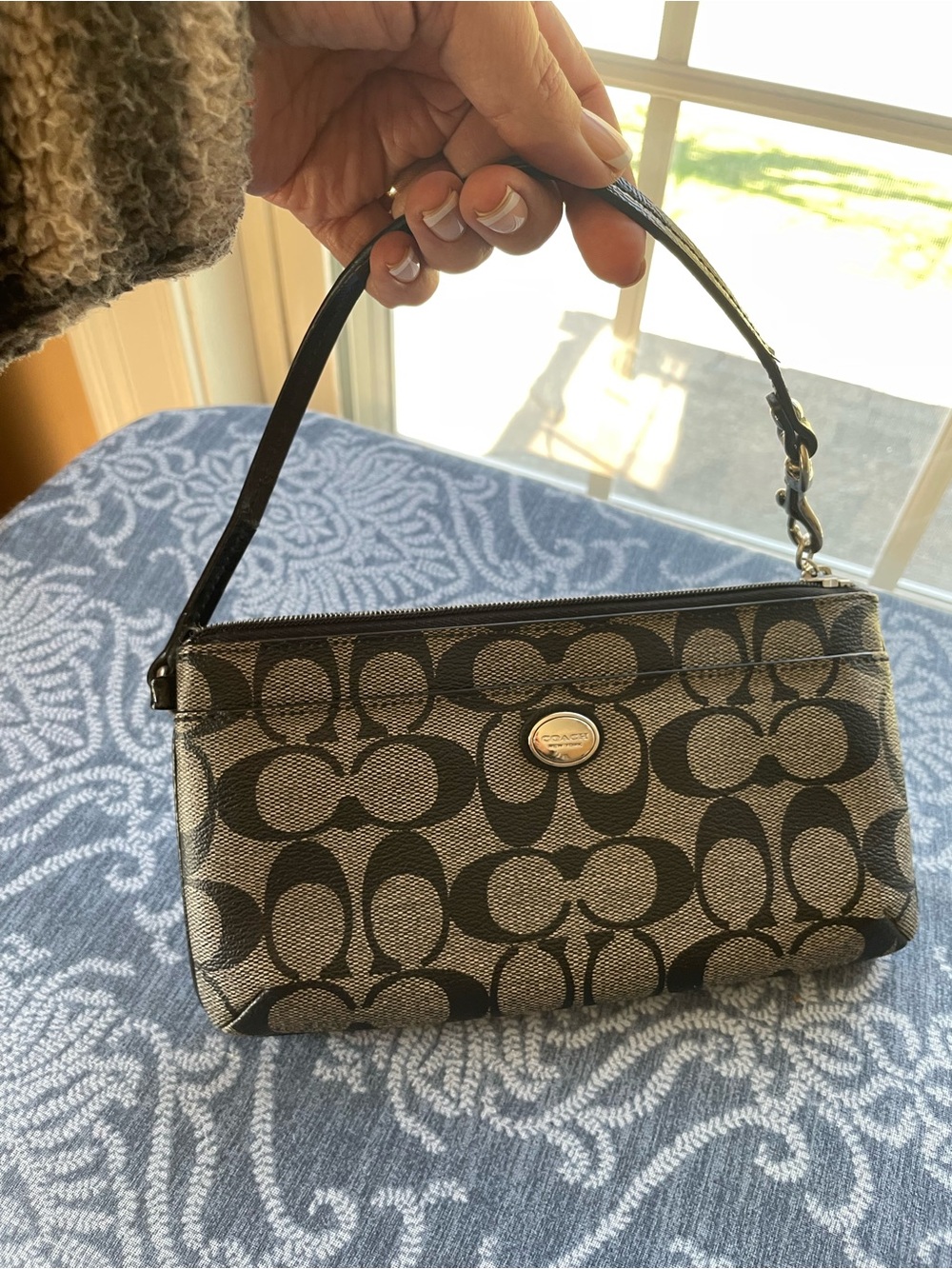 Coach Black and Tan Signature Canvas Wristlet